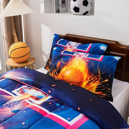 Btargot Basketball Fire Court Comforter Sets Twin for Boys Teens,3D Sports Bedding,Soft Microfiber Reversible Quilt with 2 Matching Pillow Shams