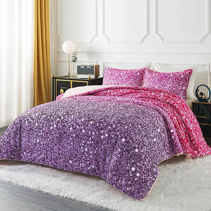 Litanika Galaxy Comforter Full(79x90lnch), 3 Pieces(1 Purple Glitter Ombre Comforter, 2 Pillowcases), 3D Colorful Rainbow Bedding Set, Microfiber Comforter Set for Kid Boy Girl Teen