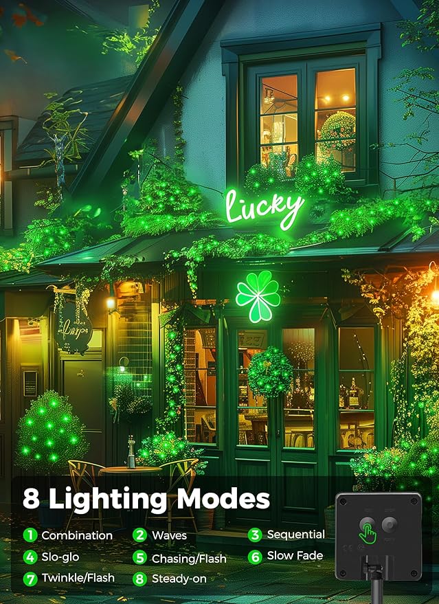 Minetom Solar String Lights Outdoor, 40FT 100 LED String Lights Solar Powered with 8 Lighting Modes, Green String Lights for St Patrick Decoration, Waterproof Solar Lights for Outside Tree Yard, Green