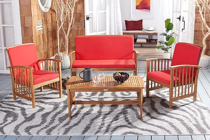 SAFAVIEH Outdoor Collection Rocklin Natural/ Red Cushion 4-Piece Conversation Patio Set