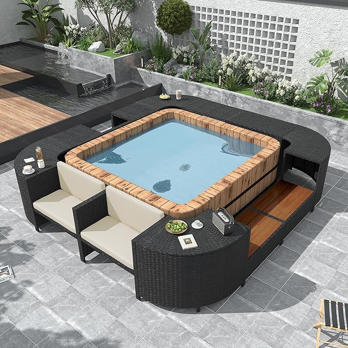 Outdoor Spa Surround Set Patio Furniture with Storage Space, Wood Seatings and Waterproof Cushions, Quadrilateral Rattan Sectional Sofa, for Backyard Deck Poolside, Onesize, Beige