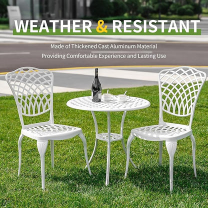 3 Piece Outdoor Bistro Set, Cast Aluminum Bistro Table and Chairs, Rust-Resistant Patio Furniture Set, White Bistro Set 3 Piece Outdoor for Garden, Backyard, Balcony