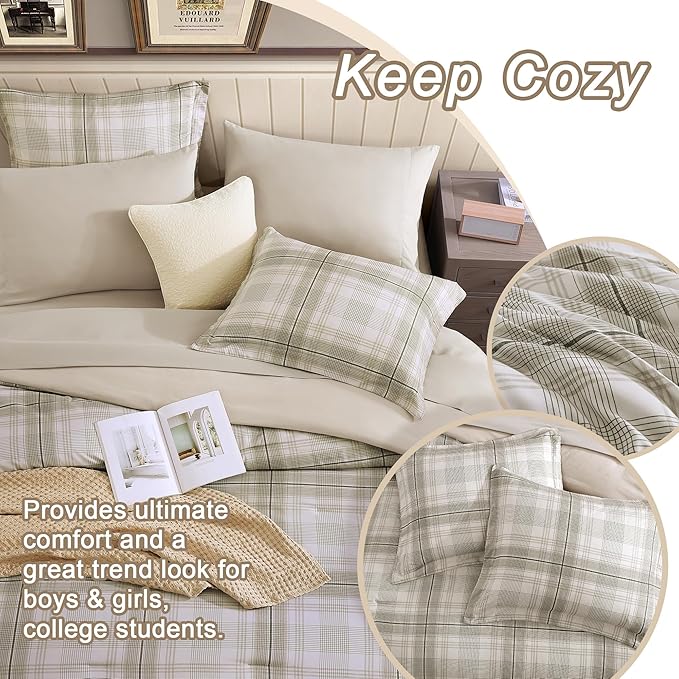 Beige King Size Comforter, Khaki Green Plaid King Comforter Set or Boys & Girls,Classic Homestead-style King Bedding Sets with King Size Bed Sheets and Comforter Sets