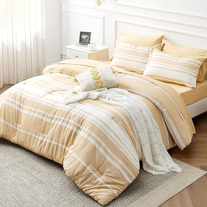 Bedsure Bed in a Bag Queen Size 7-Piece Yellow White Striped Bedding Comforter Sets All Season Bed Set, 2 Pillow Shams, Flat Sheet, Fitted Sheet and 2 Pillowcases