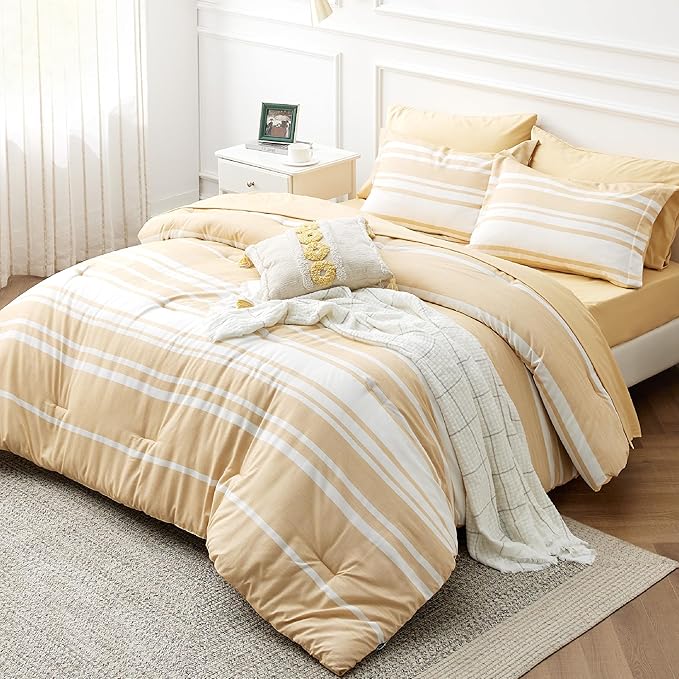 Bedsure Bed in a Bag Twin Size 5-Piece Yellow White Striped Bedding Comforter Sets All Season Bed Set with 1 Pillow Sham, Flat Sheet, Fitted Sheet and 1 Pillowcase