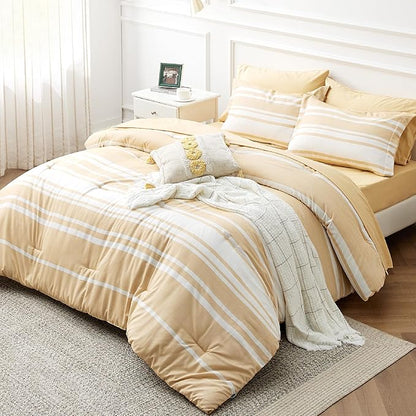 Bedsure Bed in a Bag Twin Size 5-Piece Yellow White Striped Bedding Comforter Sets All Season Bed Set with 1 Pillow Sham, Flat Sheet, Fitted Sheet and 1 Pillowcase