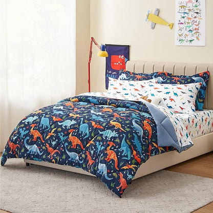 Kids Queen Dinosaur Bedding Comforter Set for Boys, 7 Pieces Queen Size Dinosaur Kids Bedding Set, Super Soft Lightweight Microfiber Comforter Set with Sheets for All Seasons