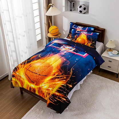 Btargot Basketball Fire Court Comforter Sets Twin for Boys Teens,3D Sports Bedding,Soft Microfiber Reversible Quilt with 2 Matching Pillow Shams
