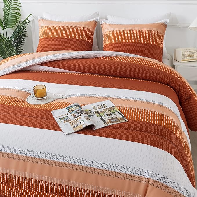 Andency Stripe Comforter Set Twin Size (66x90 Inch), 2 Pieces Terracotta Patchwork Striped Comforter, Soft Microfiber Down Alternative Comforter Bedding Set with Corner Loops