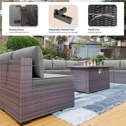 Kullavik 10 Pieces Outdoor Patio Furniture Set with 43" Gas Propane Fire Pit Table PE Wicker Rattan Sectional Sofa Patio Conversation Sets,Grey