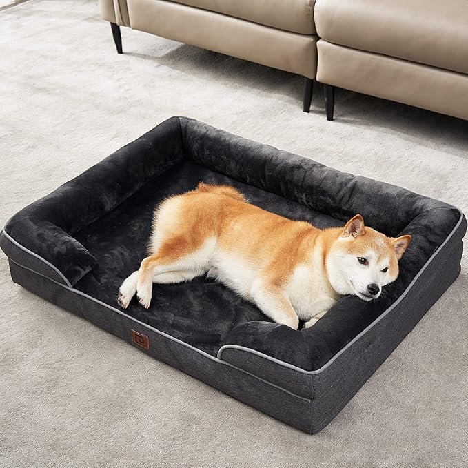 EHEYCIGA Orthopedic Dog Beds for Large Dogs, Waterproof Memory Foam Large Dog Bed with Sides, Non-Slip Bottom and Egg-Crate Foam Large Dog Couch Bed with Washable Removable Cover, Dark Grey