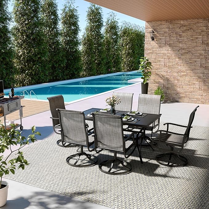 Pamapic 7 Pieces Patio Dining Set, Outdoor Dining Set All-Weather for Backyard Poolside Garden Deck, Modern Outdoor Table and Chairs Set with 6 Textilene Swivel Chairs,Gray