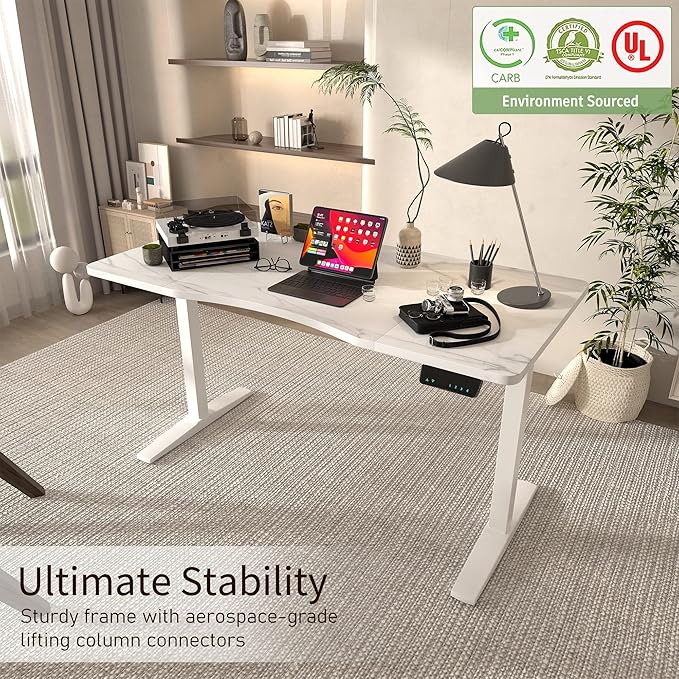 Monomi Height Adjustable Electric Standing Desk, 55 x 28 Inches Stand up Desk, Sit Stand Home Office Computer Desk(White Frame+Marble White Top)