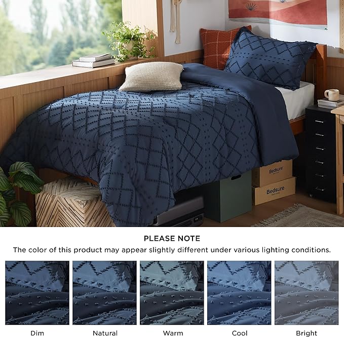 Bedsure Twin/Twin XL Comforter Set - Navy Boho Twin Extra Long Comforter Set for College, Shabby Chic Dorm Bedding Set, 2 Pieces Modern Farmhouse Bed Set, includes 1 Pillow Sham