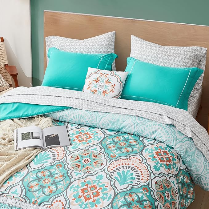 Degrees of Comfort Twin Bed in A Bag 6 Piece, Lattice Boho Bedding Sets for Teen Girls, Aqua Floral Bed Set, Microfiber Colorful Comforter Set with Sheets, Matching Decorative Pillow