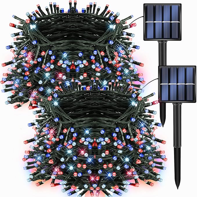 Dazzle Bright 2 Pack Red White and Blue Solar String Lights, 400LED 132FT Christmas Independence Day String Lights, Solar Powered with 8 Modes Waterproof for Outdoor Party Decorations