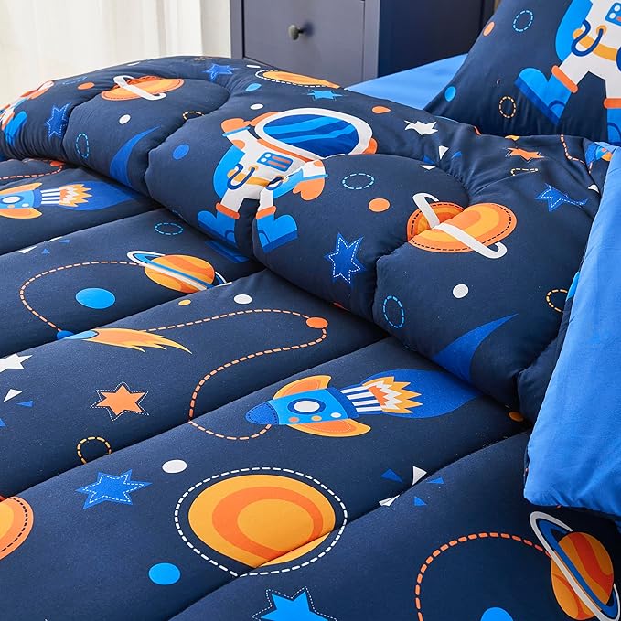Space Navy Twin XL Comforter Sets for Boys Girls Kids Teen 5 Pieces Bed in a Bag Galaxy Astronaut Comforter with Sheet Sets Dorm Bedding Set