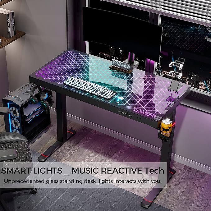 EUREKA ERGONOMIC RGB Glass Gaming Desk, Music Studio Desk, 47 Inch Adjustable Height Computer Desk Music Sensing LED Sit Stand Desk for Home Office Gamer w Dual Motors,USB Ports, APP Control