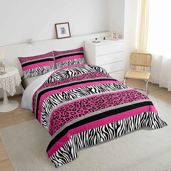 Zebra Stripes Comforter Leopard Print Comforter Set For Kids Boys Girls Pink Black White Zebra Leopard Fur Bedding Set Ultra Soft Decor Wild Animal Skin Texture Pattern Duvet Set King Size Quilt Set