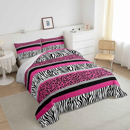 Zebra Stripes Comforter Leopard Print Comforter Set For Kids Boys Girls Pink Black White Zebra Leopard Fur Bedding Set Ultra Soft Decor Wild Animal Skin Texture Pattern Duvet Set Twin Size Quilt Set