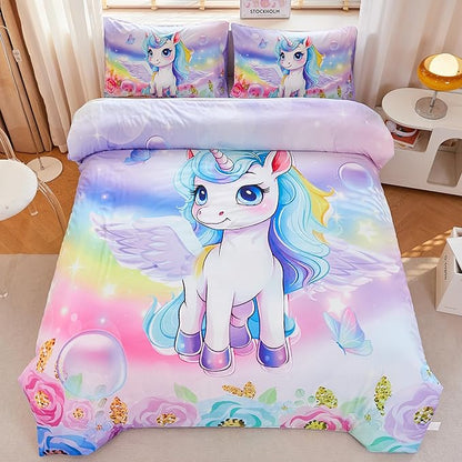 Unicorn Comforter Twin,Princess Twin Comforter,Girls Purple Comforter,Kids Twin Comforter Set for Girls,Unicorn Twin Bedding Set,Unicorn Room Decor