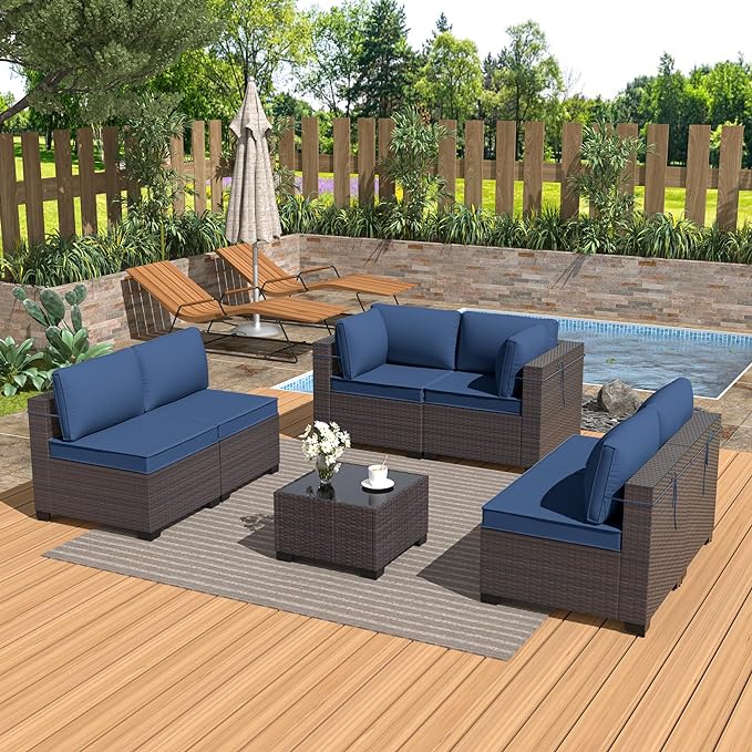 Patio Furniture Set 7-Pieces Outdoor Furniture for Backyard Wicker Sectional Sofa Set, Rattan Patio Conversation Set with Thickened Cushions and Glass Coffee Table, Navy Blue