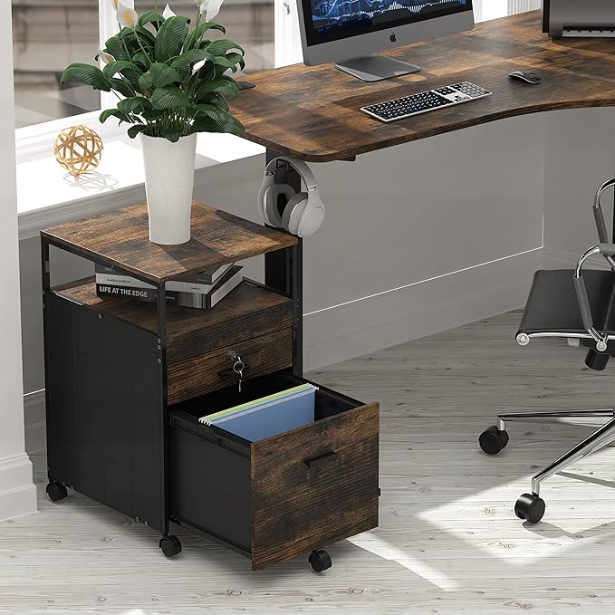 SHW Rolling File Cabinet w/ 2 Drawers & Open Shelf, Rustic Brown