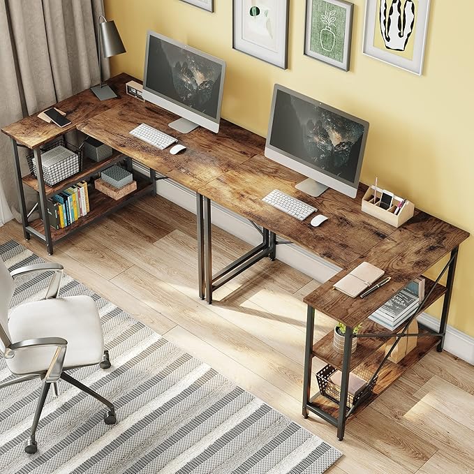 Bestier Small L Shaped Desk with Shelves 47 Inch Reversible Corner Computer Desk Writing Gaming Storage Table for Home Office Small Space, Rustic Brown