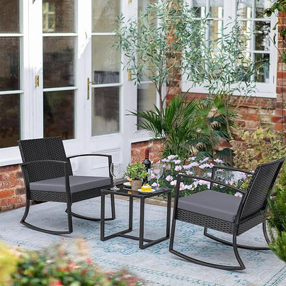 Greesum 3 Pieces Outdoor Furniture Set Patio Bistro Rocking Chairs with Glass Coffee Table for Pool Beach Backyard Balcony Porch Deck Garden, Gray