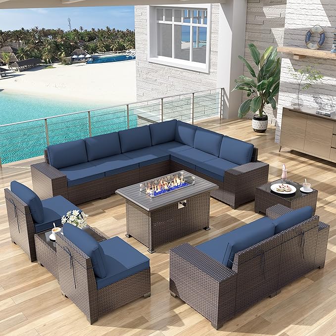13PCS Patio Furniture Sectional Sofa Set PE Rattan Patio Conversation Set w/43in Gas Fire Pit Table, Outdoor Furniture with 55000 BTU Propane Fire Pit, Navy Blue