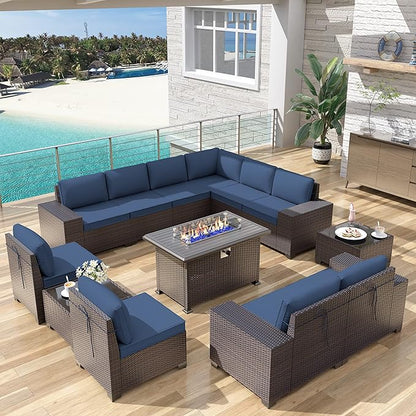 13PCS Patio Furniture Sectional Sofa Set PE Rattan Patio Conversation Set w/43in Gas Fire Pit Table, Outdoor Furniture with 55000 BTU Propane Fire Pit, Navy Blue