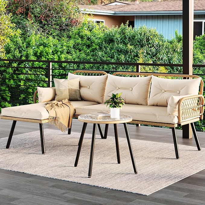 YITAHOME L-Shaped Patio Furniture Outdoor Loveseat Sectional Set for Backyard, Porch with Thick Cushions Detachable Lounger, Side Table (Light Brown+Beige)