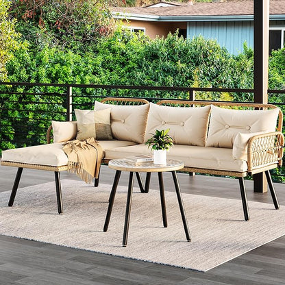 YITAHOME L-Shaped Patio Furniture Outdoor Loveseat Sectional Set for Backyard, Porch with Thick Cushions Detachable Lounger, Side Table (Light Brown+Beige)