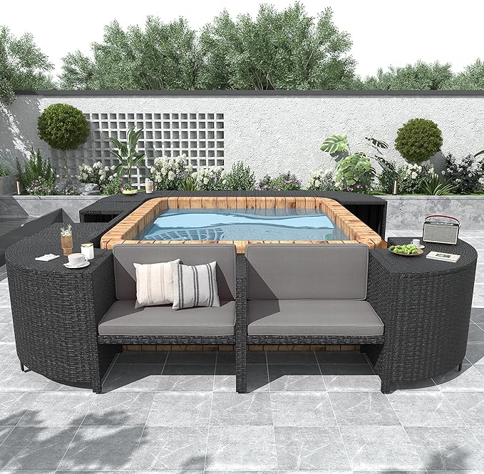 Outdoor Spa Surround Set Patio Furniture with Storage Space, Wood Seatings and Waterproof Cushions, Quadrilateral Rattan Sectional Sofa, for Backyard Deck Poolside, Onesize, Grey
