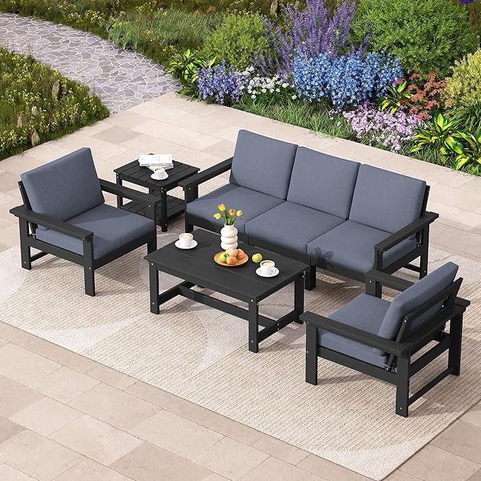 SERWALL HDPE Patio Coversation Set, 7-piece Outdoor Sectional Sofa Set, All Weather Patio Couch Set Patio Furniture for Balcony, Deck, Black Frame with Grey Cushion