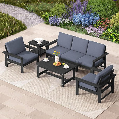 SERWALL HDPE Patio Coversation Set, 7-piece Outdoor Sectional Sofa Set, All Weather Patio Couch Set Patio Furniture for Balcony, Deck, Black Frame with Grey Cushion