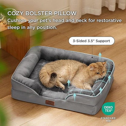 Bedsure Cat Beds for Indoor Cats - Washable Bolster Dog Sofa Beds for Extra Small Dogs, Supportive Foam Pet Couch Bed with Removable Washable Cover, Waterproof Lining and Nonskid Bottom, Grey