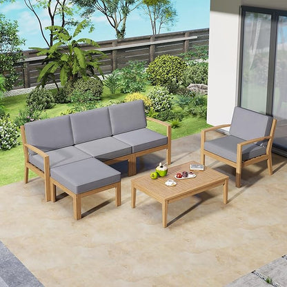 4 Piece Acacia Wood Patio Furniture L-Shaped Outdoor Sectional Sofa Coffee Table, FSC Certified Conversation Set w/Beige Cushions for Garden Backyard