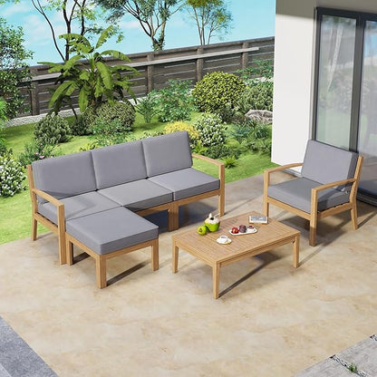 Merax 6 Pieces Sectional Sofa Solid Acacia Wood Frame Outdoor Conversation Furniture Sets with Coffee Table and Removable Cushion for Garden Backyard Patio and Poolside, Grey