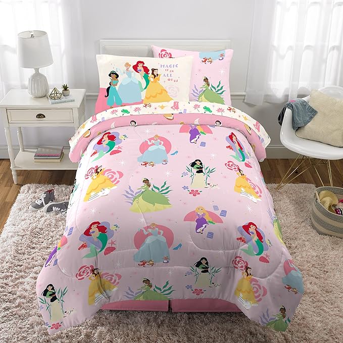 Franco Kids Bedding Super Soft Comforter and Sheet Set with Sham, 5 Piece Twin Size, Disney Princess