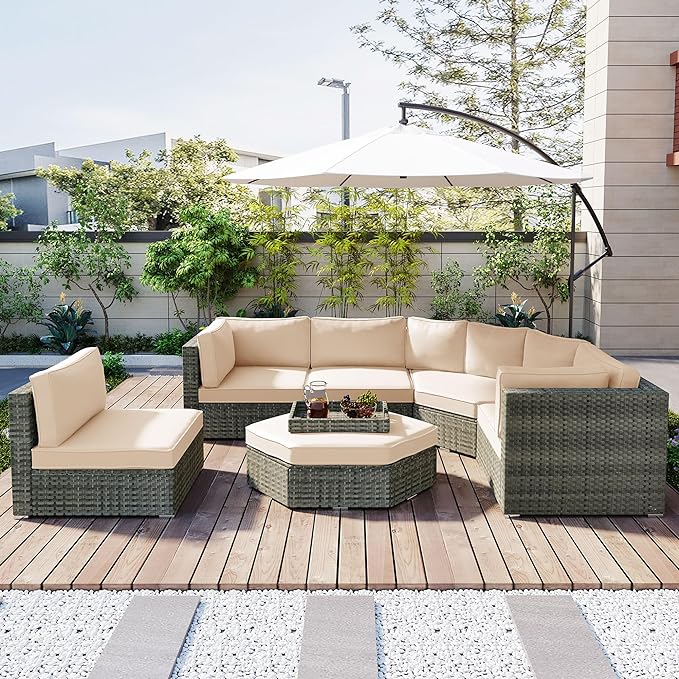 Patio 7-Piece Set, Half-Moon Curved Sectional Sofa Outdoor Rattan Furniture with Ottoman and No-Slip Cushions for Balcony, Porch, Garden, Zc-Beige