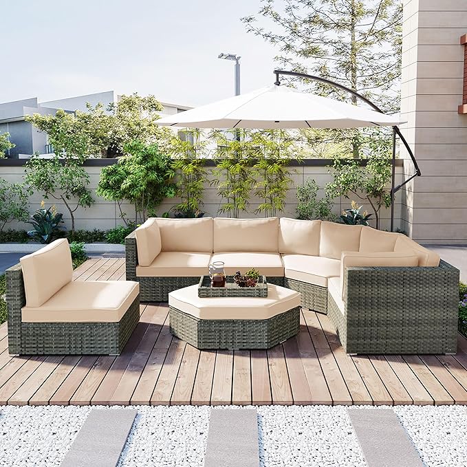 6 Piece Outdoor Patio Furniture Set Conversation Sofa, All Weather Wicker L shaped Sectional Couch with Ottoman, Small Trays and Removable Cushions, for Garden Backyard, Beige