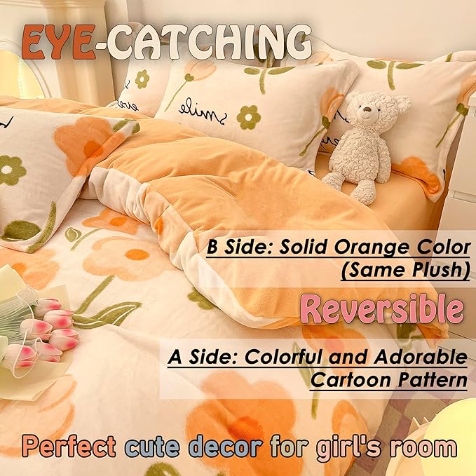 MorroMorn Twin Bedding Sets, Orange Floral Duvet Cover Set, Fluffy Comforter Covers Blanket Ultra Soft Cute Flowers for Girls Kids Toddler Teen Preppy Dorm Twin/Twin XL Size