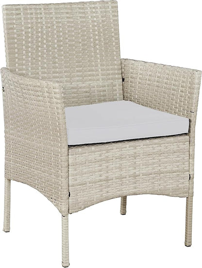 BTEXPERT Outdoor Wicker Conversation 3 Piece Bistro Set Garden Patio Yard Porch Furniture Space Saving Pe Rattan 2 Chairs Cushions Side Storage Glass Table Gray/Cream 3pc, OneSize