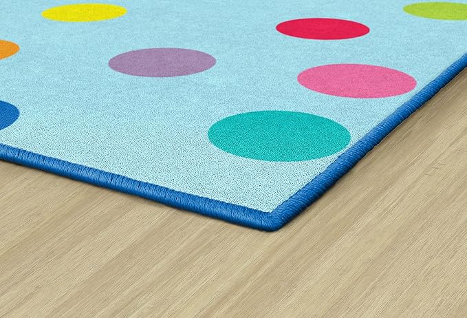 Flagship Carpets Schoolgirl Style Just Teach Rainbow Polka Dots Classroom Area Rug for Indoor Classroom Learning or Kid Bedroom Educational Play Mat, 7'6"x12', Blue