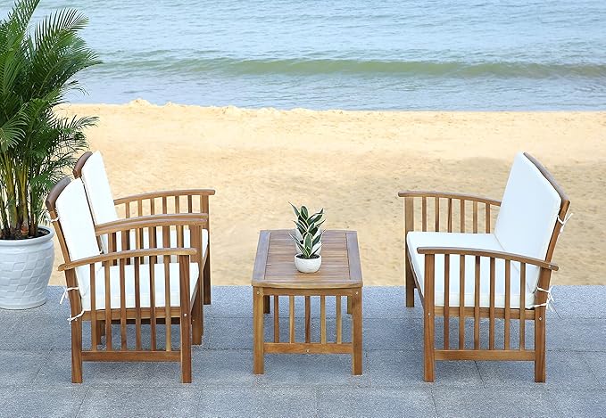 SAFAVIEH Outdoor Collection Rocklin Natural/ Beige 4-Piece Conversation Patio Set with Cushions