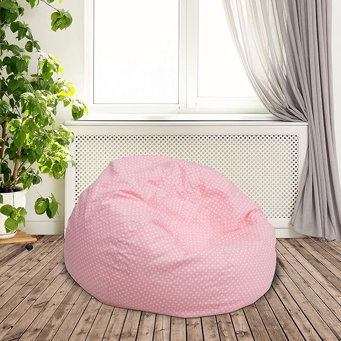 Flash Furniture Dillon Small Bean Bag Chair for Kids and Teens, Foam-Filled Beanbag Chair with Machine Washable Cover, Light Pink Polka Dot
