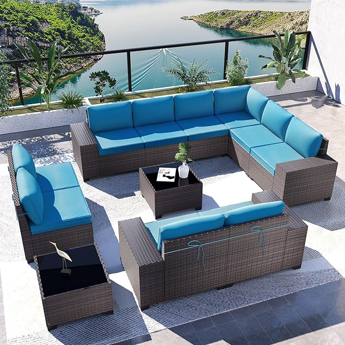 Kullavik 12PCS Outdoor Patio Furniture Set PE Wicker Rattan Sectional Sofa Patio Conversation Sets,Blue