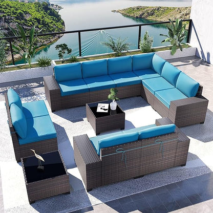 Kullavik 12PCS Outdoor Patio Furniture Set PE Wicker Rattan Sectional Sofa Patio Conversation Sets,Blue