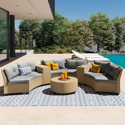 9 Pieces Outdoor Furniture Half Moon Wicker Patio Sets with Coffee Table, All-Weather Fan-Shaped Curved Sectional Sofa Couch with Gray Cushions, Onesize, Brown Rattan